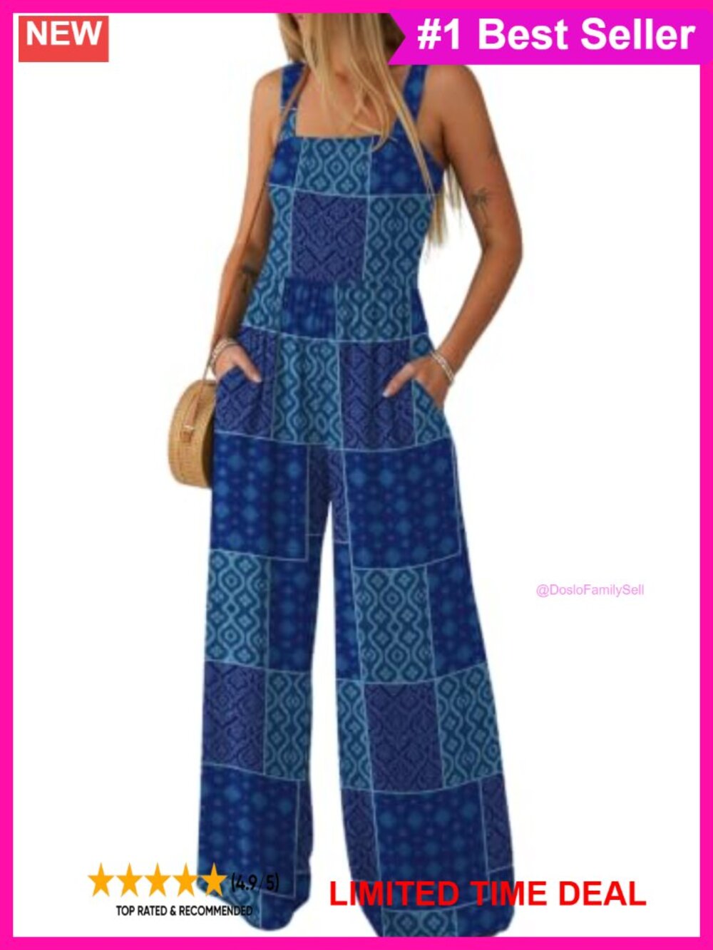 Wide Leg Overalls Jumpsuit with Pockets Elastic Straps Casual Summer